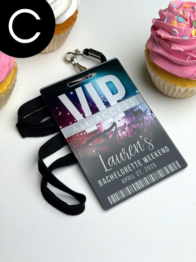 Custom acrylic VIP backstage pass with personalized party details and all access design for birthdays and special events