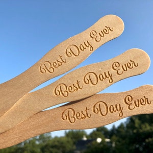 25 Fan Sticks Engraved, Best Day Ever, 8 inch Wooden Wavy Wedding Fan Sticks (set of 25)