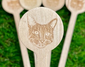 Signature Cat Drink Stir Stick, Wood Engraved Cocktail sticks, Wedding Drink Sticks (ONE-SIDED) Send YOUR cat's image. - Round Top