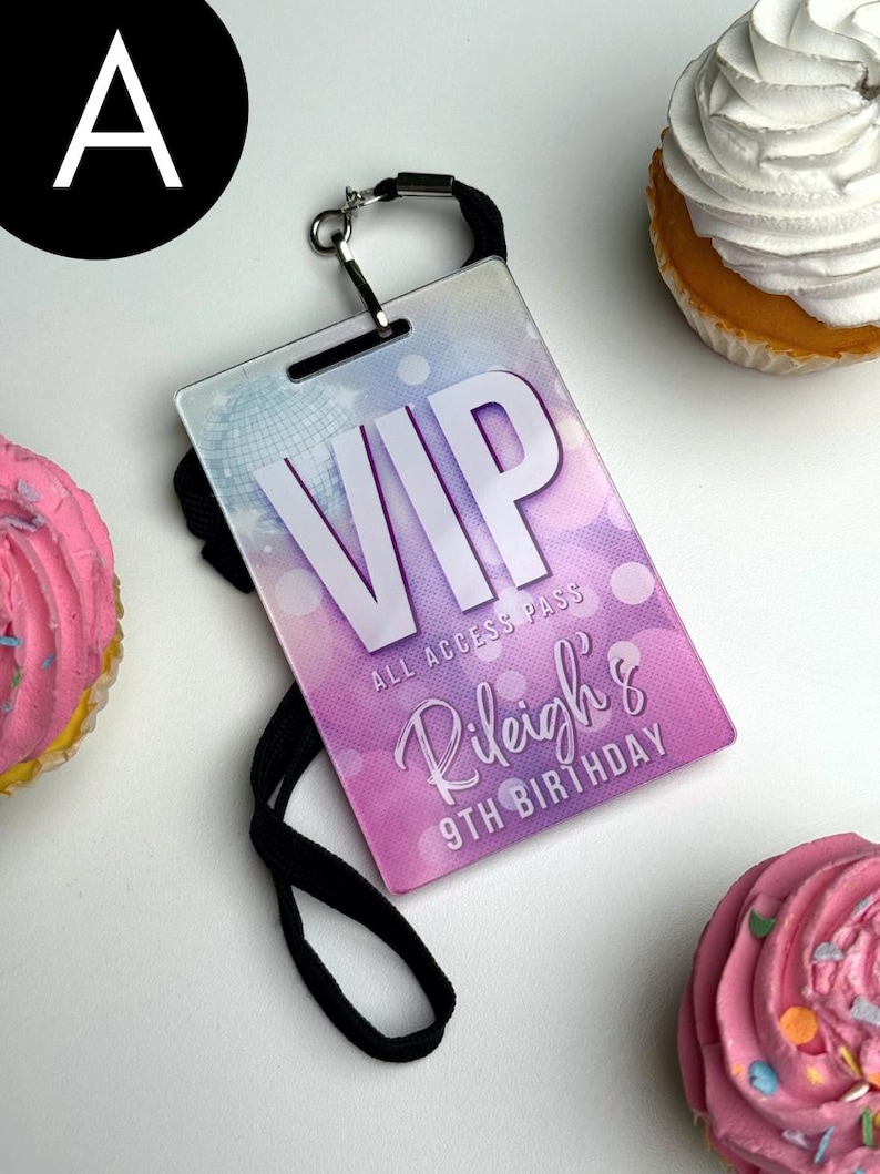 Personalized acrylic VIP all access pass with pink and purple design attached to a black wearable lanyard
