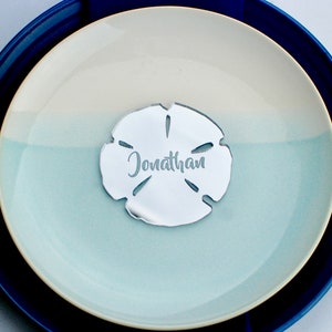 Sand Dollar Wedding Favor & Name Place Card | Beach Table Decorations, Laser Cut Silver Mirrored Acrylic