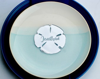 Sand Dollar Wedding Favor & Name Place Card | Beach Table Decorations, Laser Cut Silver Mirrored Acrylic