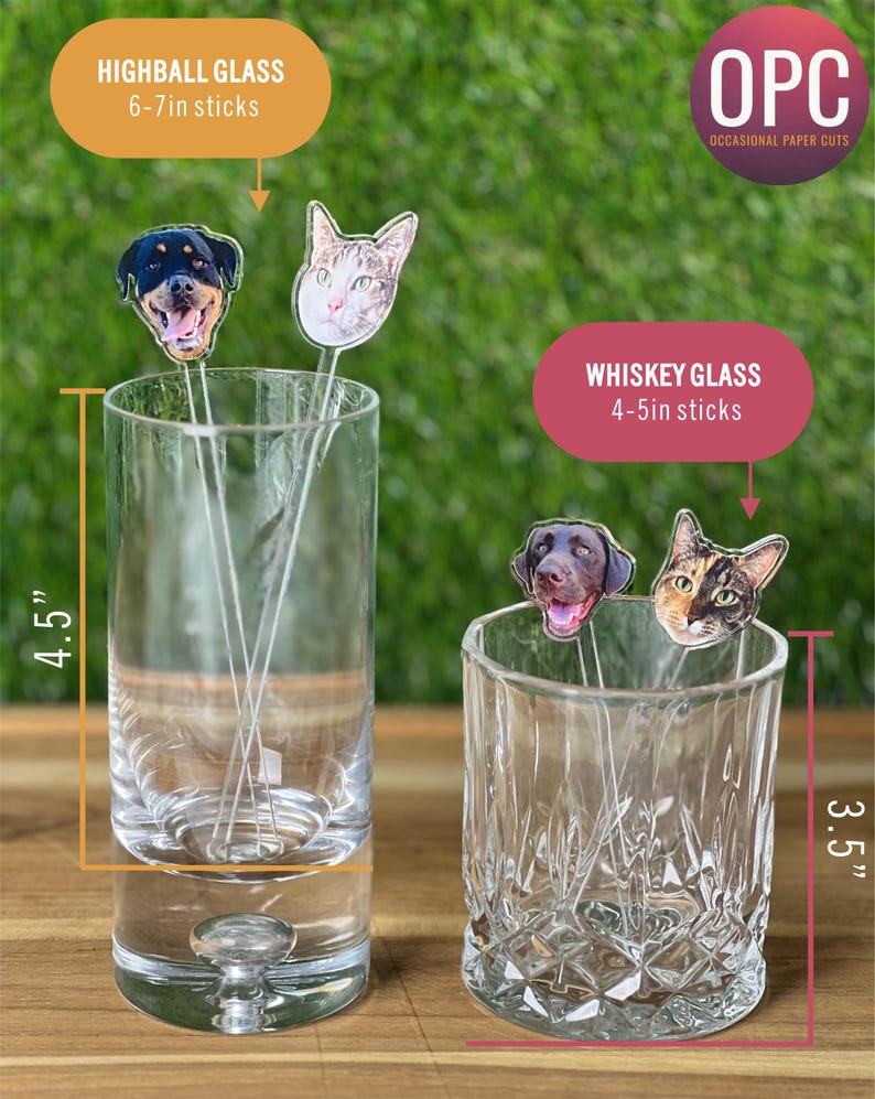 Puede incluir: Dos vasos de bebida de vidrio transparente con palitos de agitaci&oacute;n decorativos con tem&aacute;tica animal. El vaso m&aacute;s alto es un vaso highball con palitos de 15 a 18 cm. El vaso m&aacute;s bajo es un vaso de whisky con palitos de 10 a 13 cm. Los vasos est&aacute;n sobre una superficie de madera.
