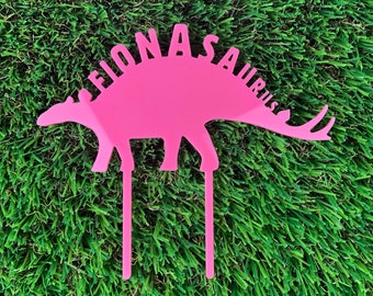 Pink Dinosaur Cake Topper w/ Your Custom Name in Green Acrylic, Dinosaur party Decorations