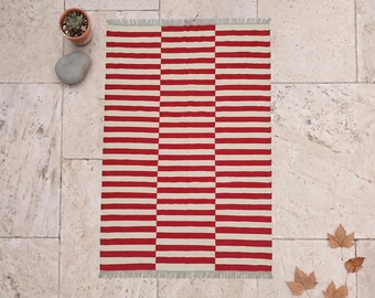 Striped rug Red and White, handwoven wool, custom color and size, 8x10, 6x9, 9x12