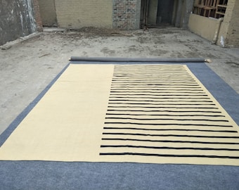 Striped Kilim Rug, Black and Ivory Area Rug, Custom Made