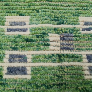 Puede incluir: Primer plano de una alfombra texturizada con un patr&oacute;n geom&eacute;trico repetitivo. La alfombra presenta una combinaci&oacute;n de colores verde, blanquecino y azul oscuro. El dise&ntilde;o incluye formas rectangulares y l&iacute;neas horizontales.