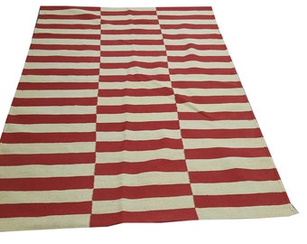 Handmade Red and White Striped Kilim Rug, Custom Size