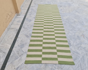 Green and White Wool Kilim Runner Rug: Custom Hallway Rug
