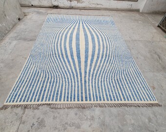 Blue and White Hand-Knotted Wool Rug, Berber Style