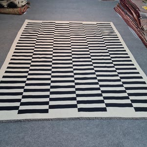 Wool striped rug, area rug, large area rug, black and white/beige striped kilim rug. Size: As per your requirements.