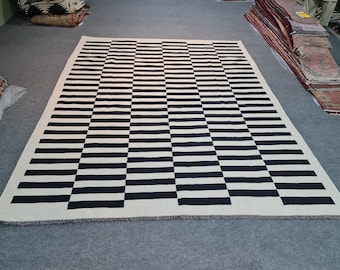 Wool striped rug, area rug, large area rug, black and white/beige striped kilim rug. Size: As per your requirements.