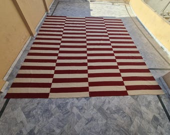 Broad striped area rug, red and cream rug, striped kilim rug, red and off white rug, custom size rug, personalized rug, 4x6 rug, 5x8 rug