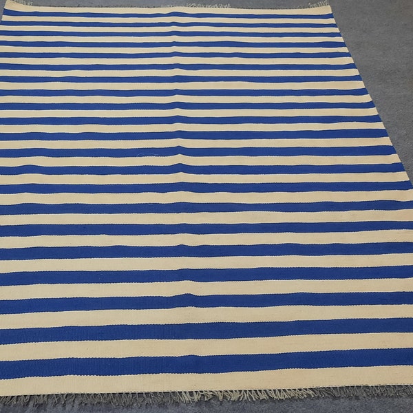 Blau-weißer Teppich, gestreifter Kelim-Teppich, Dhurrie-Teppich, Flachgewebeteppich, 8x10, 4x6, 9x12, 6x9, 5x7