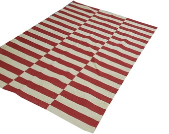 Striped Wool Kilim Rug, Red and White, Custom Size