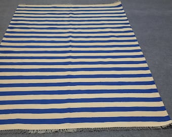 Blue and white striped rug, kilim rug, dhurrie rug, wool rug, large area rug, multisize rug, custom striped rug, 8x10 striped rug, 9x12 wool