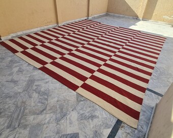 Red and Cream Striped Kilim Rug, Large Farmhouse Area Rug, custom size 8x10 9x12