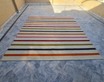 Multicolour striped rug, stripe area rug, custom size rug, wool rug, dhurrie rug, minimalist rug, living room rug, country rug, farmhouse