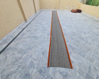 Black White Orange Border Kilim Runner Rug, Custom Hallway Stair Runner