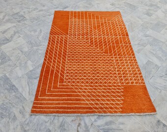 Orange and white Moroccan rug, geometric design rug, living room rug, bedroom rug, contemporary rug, 8x10 knotted rug, handmade rug, 10x12