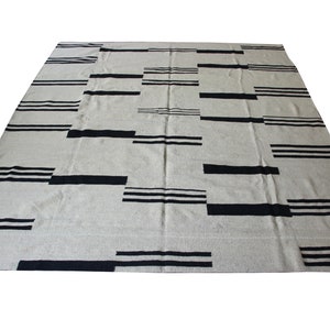 Designer dhurrie rug, black and white striped kilim rug, custom made rug, 8x10 striped rug, large area rug, new design rug, contemporary rug