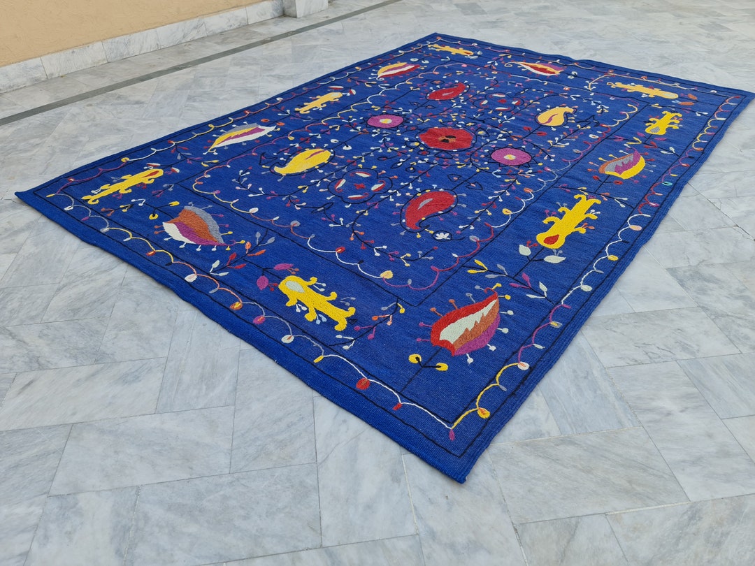 Custom Rugs Blue Blue Embroidered Rug, Custom Rug, Kilim Rug, Suzani Rug, Personalized ...