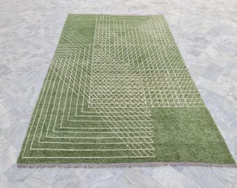 Green and white Moroccan rug, large area rug, custom size rug, kitchen rug, office rug, living room rug, contemporary rug, bedroom rug