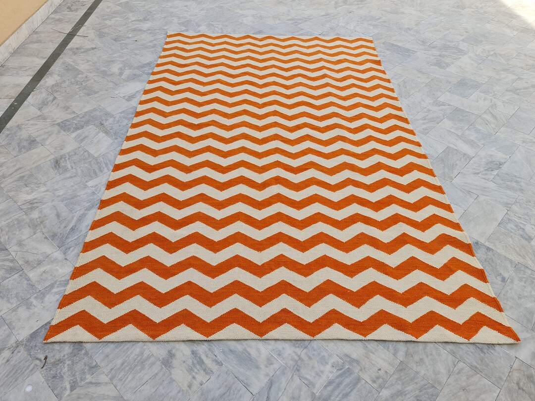 Orange and White Zigzag Rug, Wool Rug, Flatweave Rug, Custom Rug ...