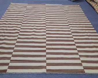 8x10 rug, Brown and cream striped rug, 9x12 kilim rug, striped kilim rug, dhurrie rug, area rug, 4x6, 5x7, 3x5, 10x14, made to order rug.