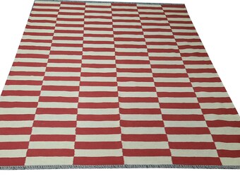 Custom Striped Wool Kilim Rug, Red and White, Living Room