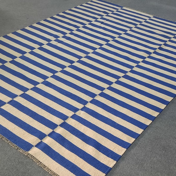 Blue and white rug, striped kilim rug, stripe rug, area rug, living room rug, white and blue rug, custom made rug, 8x10 rug, 9x12 rug, 5x8