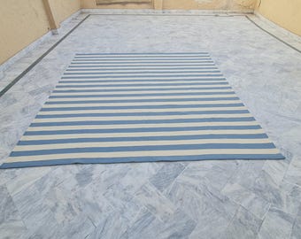 Blue and white stripe rug, striped area rug, dhurrie rug, country rug, farmhouse rug, personalized rug, 8x10 area rug, minimalist rug, 5x7