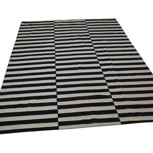 Black and ivory rug, striped kilim rug, black and white rug, striped area rug, kilim rug, dhurrie rug, 8x10 rug, 9x12 rug, large area rug