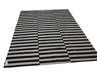 Striped Kilim Rug, Black and Ivory, Large Area Rug