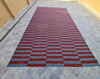 Red and blue striped rug, kilim rug, living room rug, bedroom rug, wool area rug, bespoke rug, custom made rug, 6x9 rug, 5x8 rug, 6x8 rug