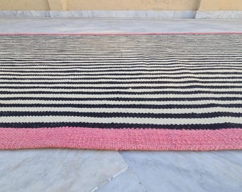 Wool Kilim Stair Runner Rug, Black White Pink Border, Custom Hallway Runner