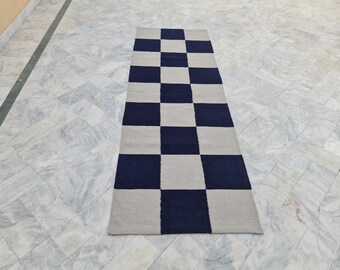 Checked runner rug, designer rug runner, hallway rug, kitchen rug, corridor rug, entryway rug, blue and grey runner, personalized runner
