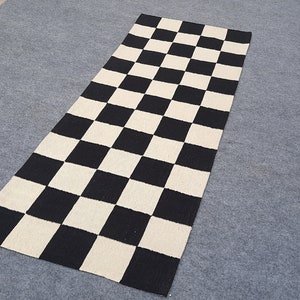 Checkered runner rug, custom rug, black and white runner, check rug runner, hallway runner, kilim runner, dhurrie runner, flat weave runner
