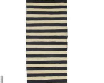 Gestreifter Läufer, schwarz-weißer Teppichläufer, Kelim Teppich, Flurteppich, Dhurrie Läufer, Flachgewebe Läufer