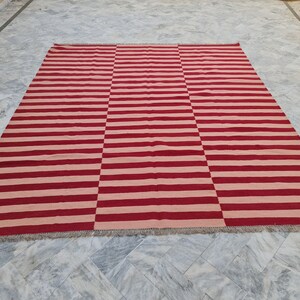 Pink and Red Striped Kilim Wool Rug, Custom Size and Colors 5x8 6x9 7x10