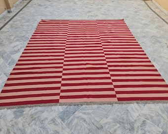 Striped kilim rug, Pink and red striped rug, custom rug, wool rug, 9x12 dhurrie rug, 8x10 dhurrie rug, 4x6 kilim rug, living room rug, 10x14