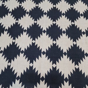 Puede incluir: Primer plano de un textil con un patr&oacute;n geom&eacute;trico repetitivo. El dise&ntilde;o presenta formas de diamante azul marino oscuro y blanco roto alternadas, creando una apariencia texturizada y sim&eacute;trica. La tela parece estar tejida.