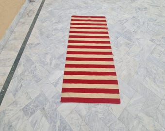 Red Beige Striped Kilim Runner Rug, Handmade Flatweave Hallway Carpet