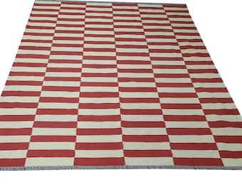 Red and white rug, striped rug, custom rug, large area rug, 9x12 rug, 3x5 rug, 8x10 rug, wool rug, dhurrie rug, 6x9 rug, 5x7 kilim rug, 5x8