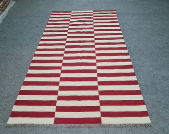 Custom Red Striped Wool Rug, Kilim Dhurrie Rug