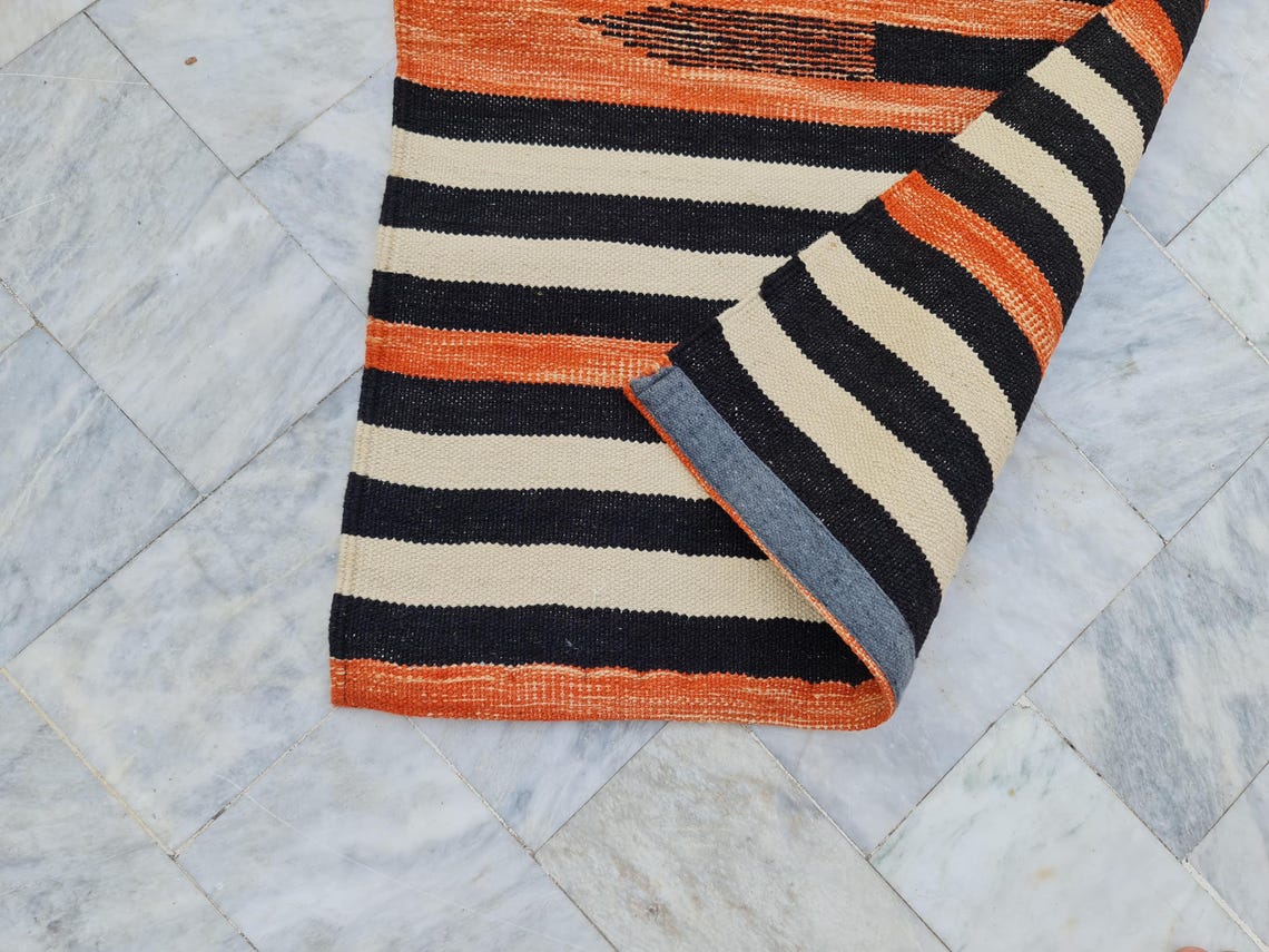 Orange Black and White Runner Rug, Hallway Rug, Corridor Rug, Kitchen