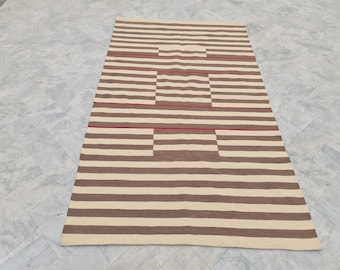 Brown and beige runner rug, hallway rug, striped rug runner, long area rug, wool runner, entry rug, entrance rug, natural color runner
