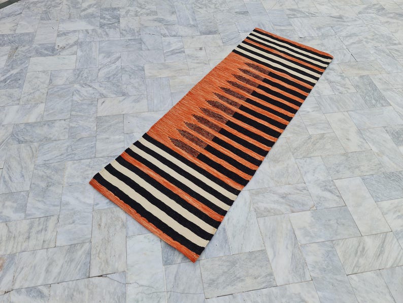 Orange Black and White Runner Rug, Hallway Rug, Corridor Rug, Kitchen
