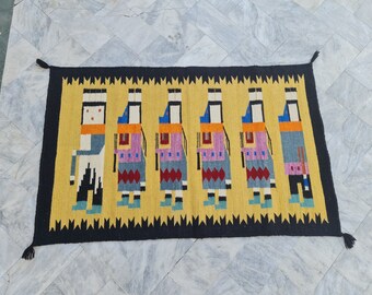 Handmade Wool Kilim Rug, Yellow Navajo style Anime Design