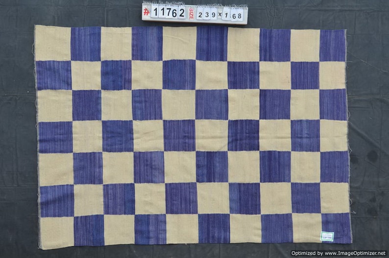Blue and white checkered rug, designer rug, dhurrie rug, wool area rug, kilim rug, bespoke rug, 8x10 rug, 9x12 rug, check pattern rug, 4x6